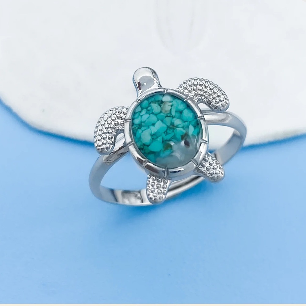 NWT🏝️SAND/TURQUOISE PEBBLES RESIN SILVER SEA TURTLE BEACH RING One Size Fits All - Picture 4 of 7